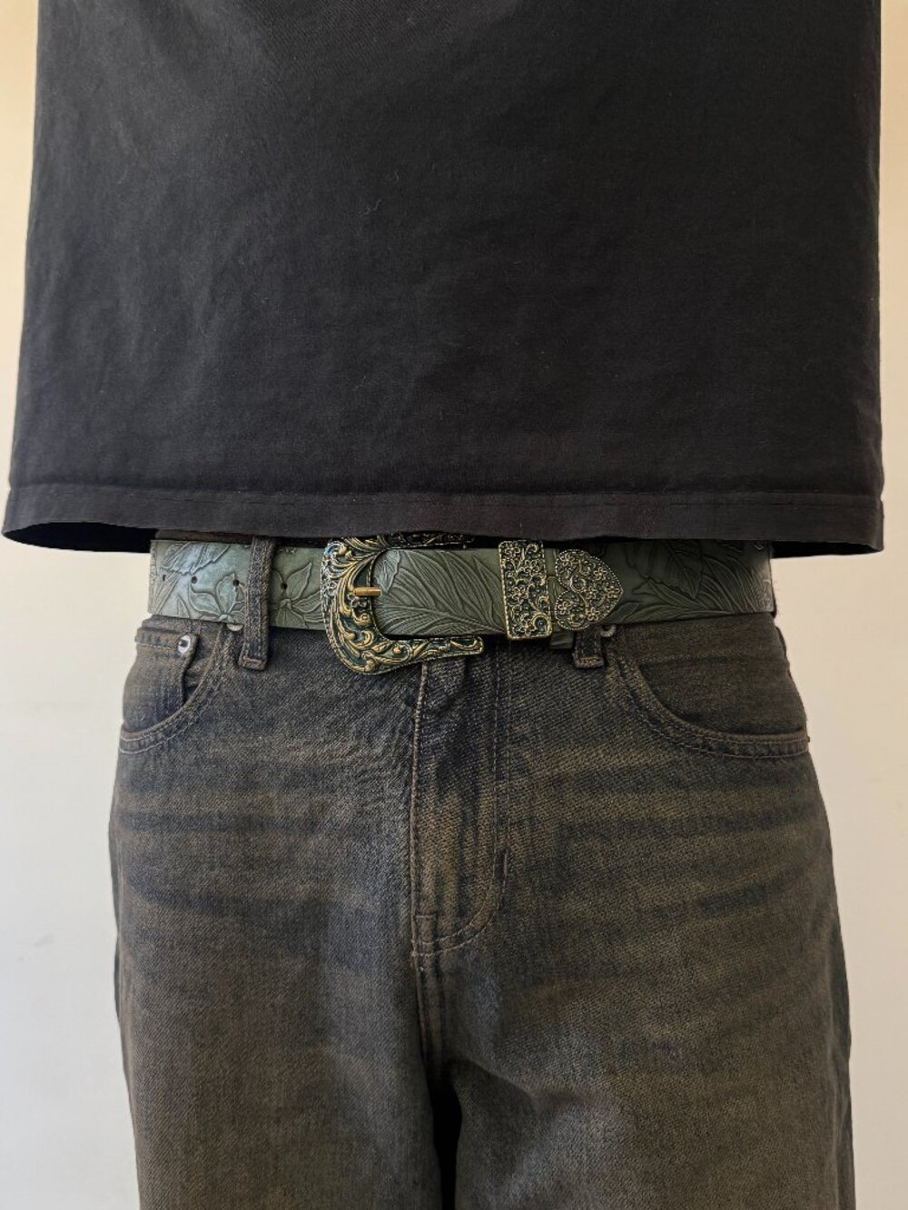 Olive Green Tooled Faux Leather Western Buckle Belt
